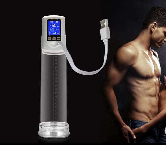 Máy tập to dương vật màn LCD Penis Pump II – thiết kế xi-lanh trong suốt và thân máy LCD.