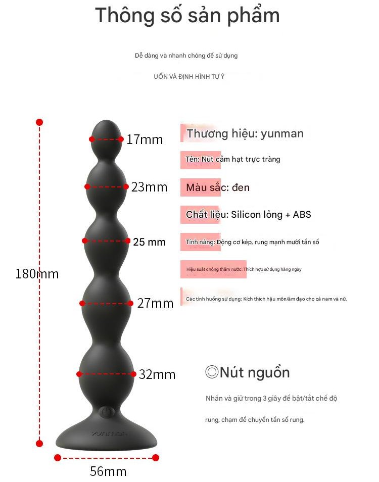 K&iacute;ch thước n&uacute;t cắm hậu m&ocirc;n Yunman silicon 180mm